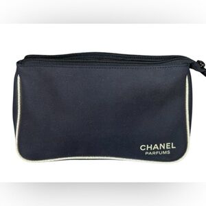 Chanel Parfums  black with gold trim zip up cosmetic makeup up bag